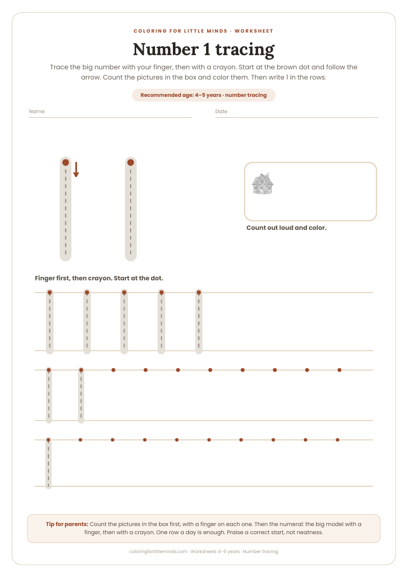 Number 1 tracing – worksheet for ages 4–5, preview