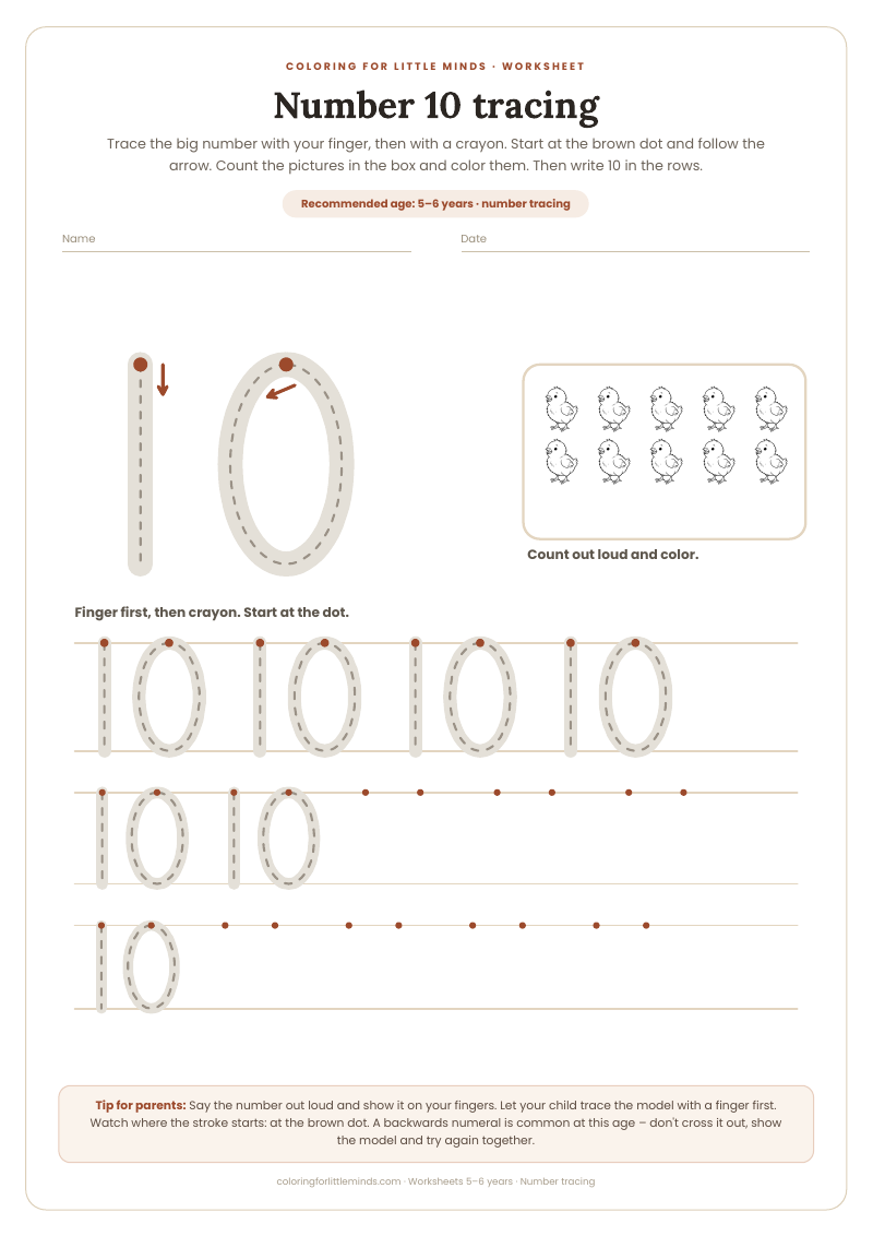 Number 10 tracing – worksheet for ages 5–6, preview