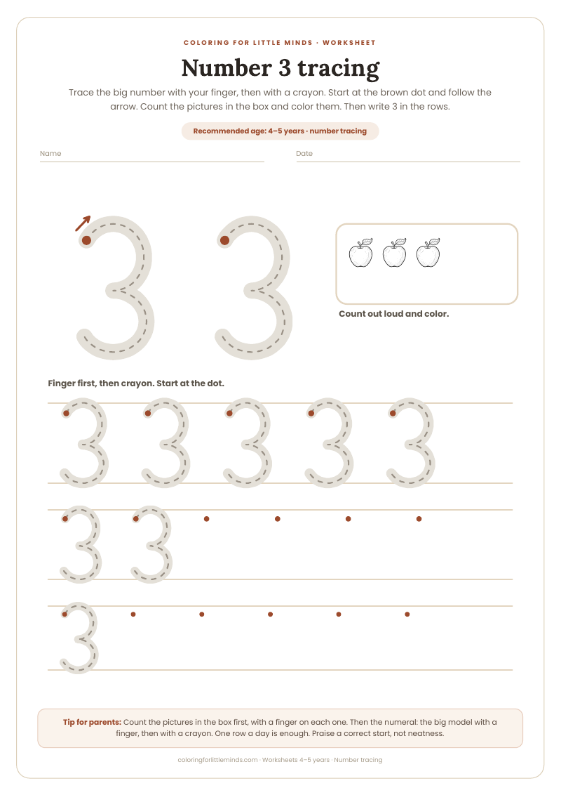 Number 3 tracing – worksheet for ages 4–5, preview