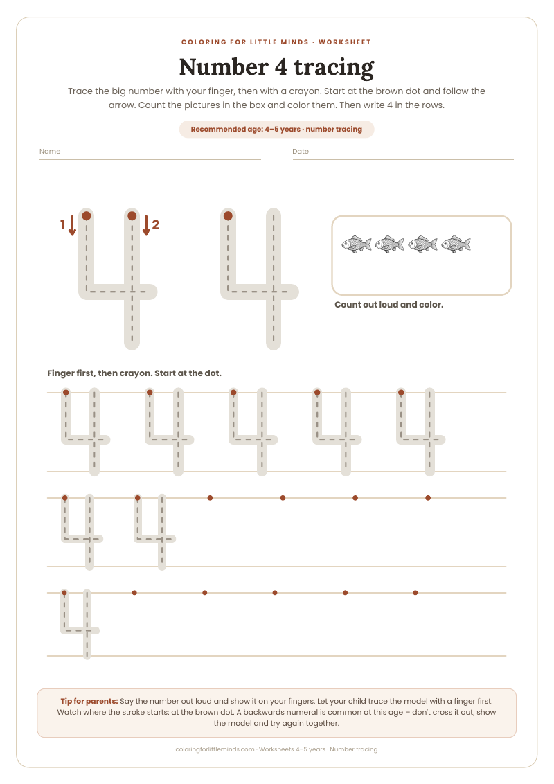 Number 4 tracing – worksheet for ages 4–5, preview