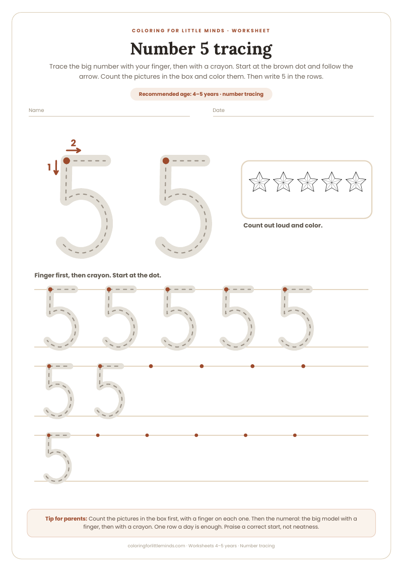 Number 5 tracing – worksheet for ages 4–5, preview