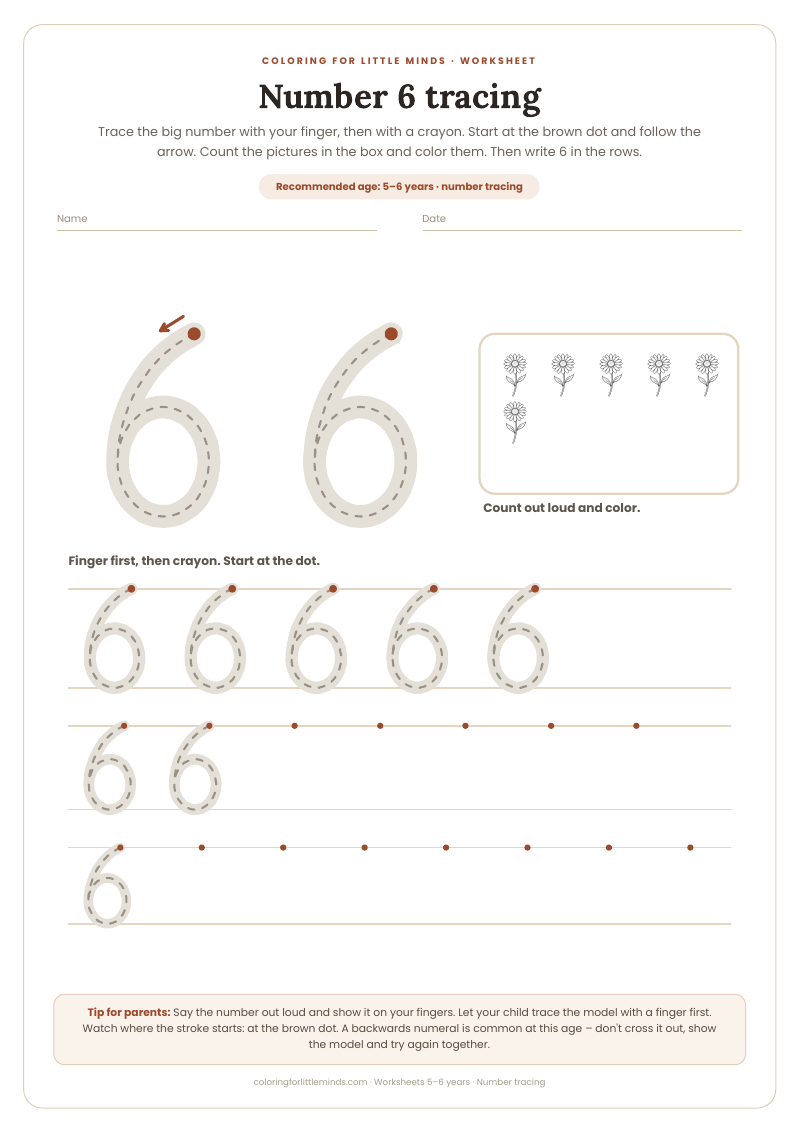 Number 6 tracing – worksheet for ages 5–6, preview
