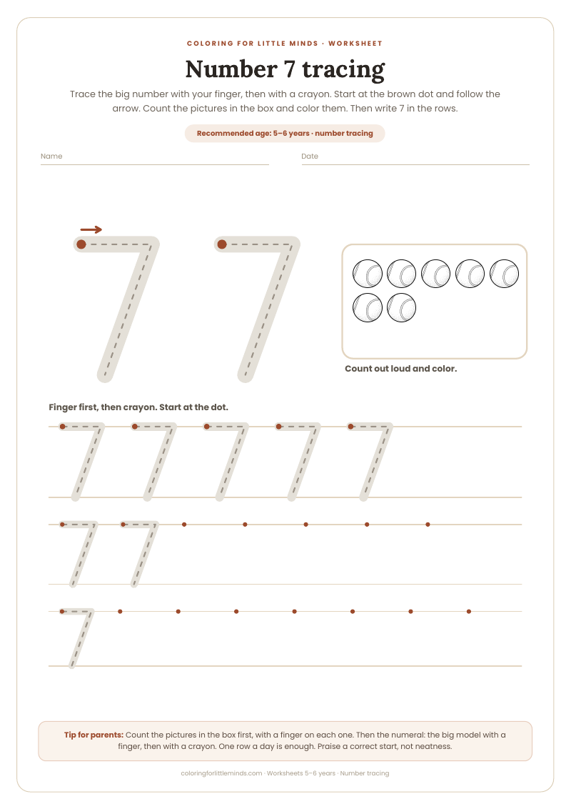 Number 7 tracing – worksheet for ages 5–6, preview