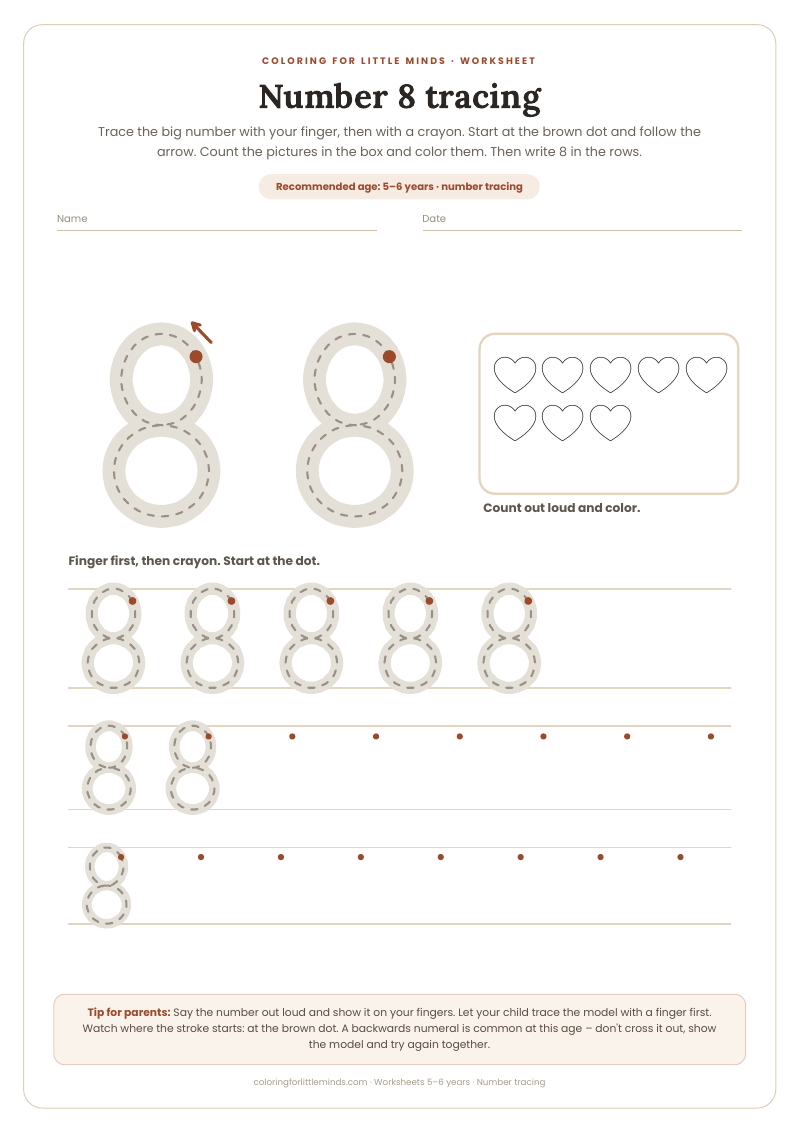 Number 8 tracing – worksheet for ages 5–6, preview