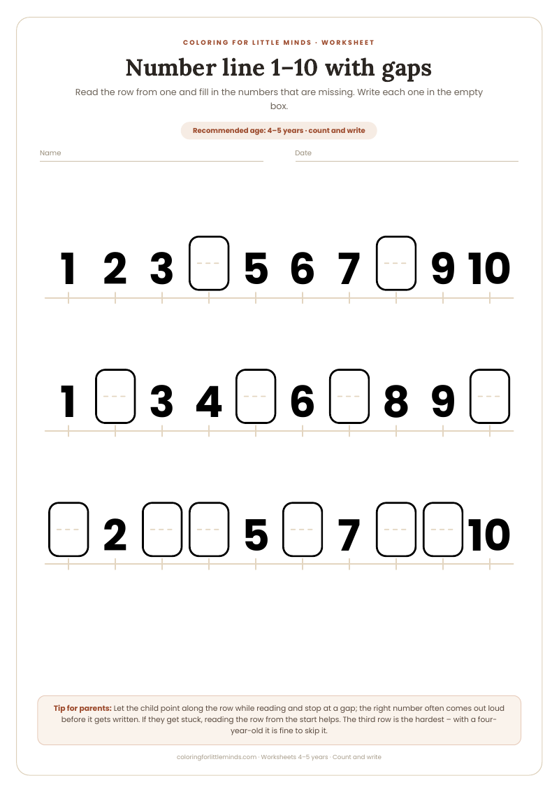 Number line 1–10 with gaps – worksheet for ages 4–5, preview