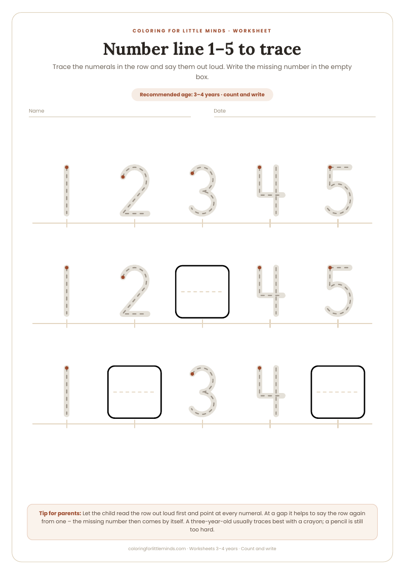 Number line 1–5 to trace – worksheet for ages 3–4, preview