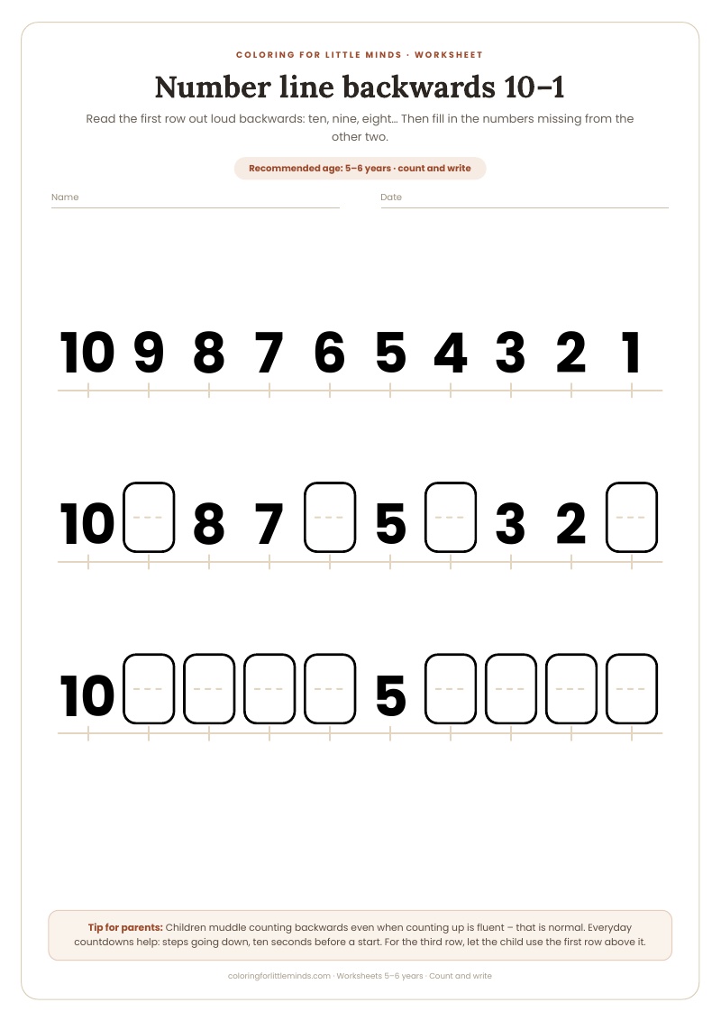 Number line backwards 10–1 – worksheet for ages 5–6, preview