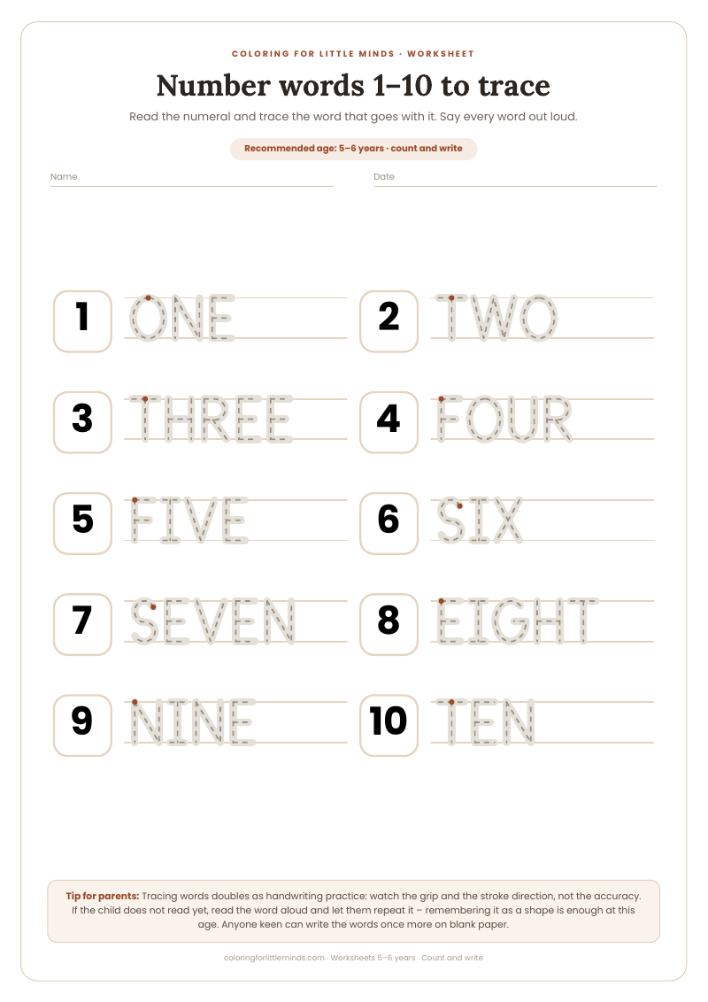 Number words 1–10 to trace – worksheet for ages 5–6, preview