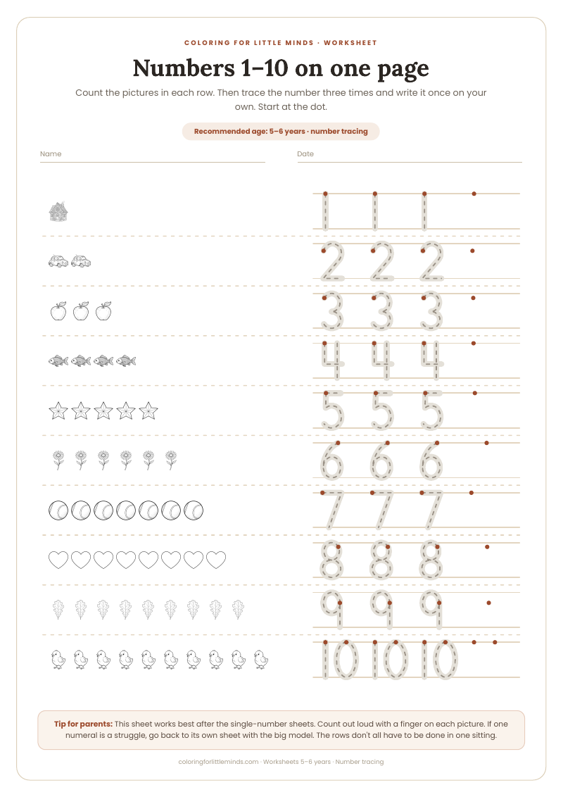 Numbers 1–10 on one page – worksheet for ages 5–6, preview