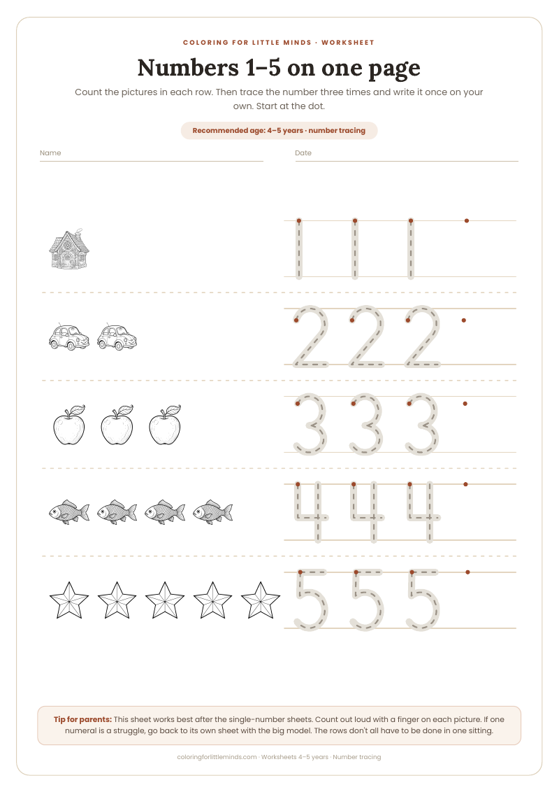 Numbers 1–5 on one page – worksheet for ages 4–5, preview