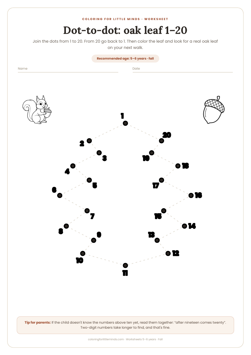 Dot-to-dot: oak leaf 1–20 – worksheet for ages 5–6, preview