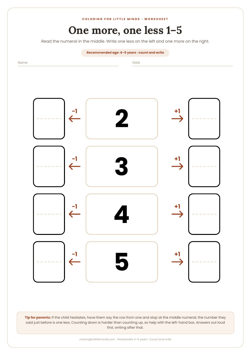 One more, one less 1–5 – worksheet for ages 4–5, preview