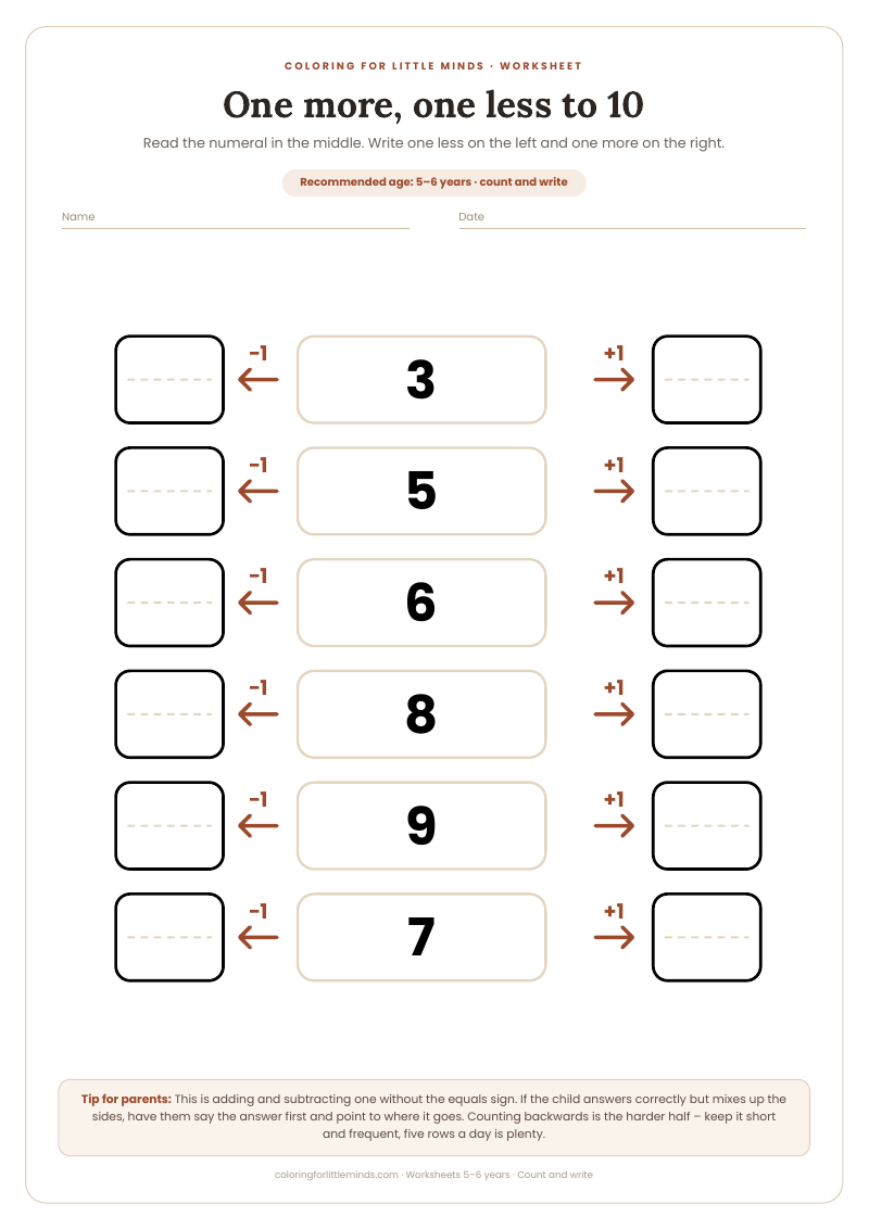One more, one less to 10 – worksheet for ages 5–6, preview