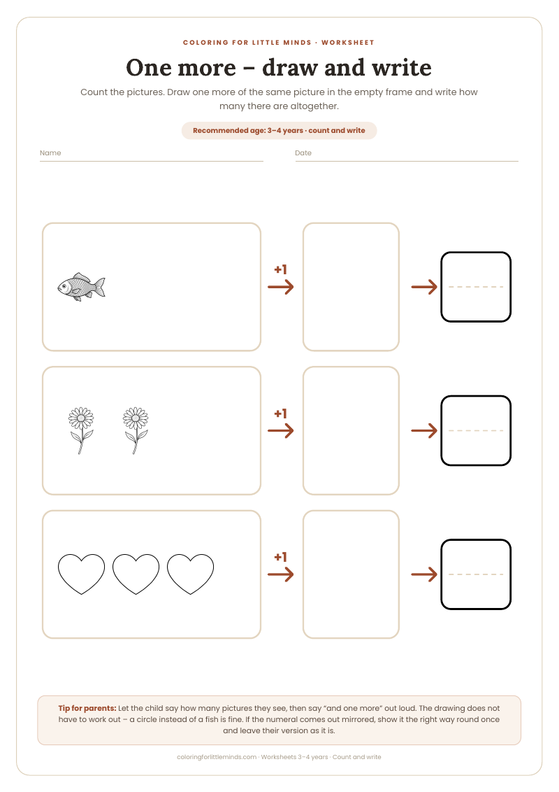 One more – draw and write – worksheet for ages 3–4, preview