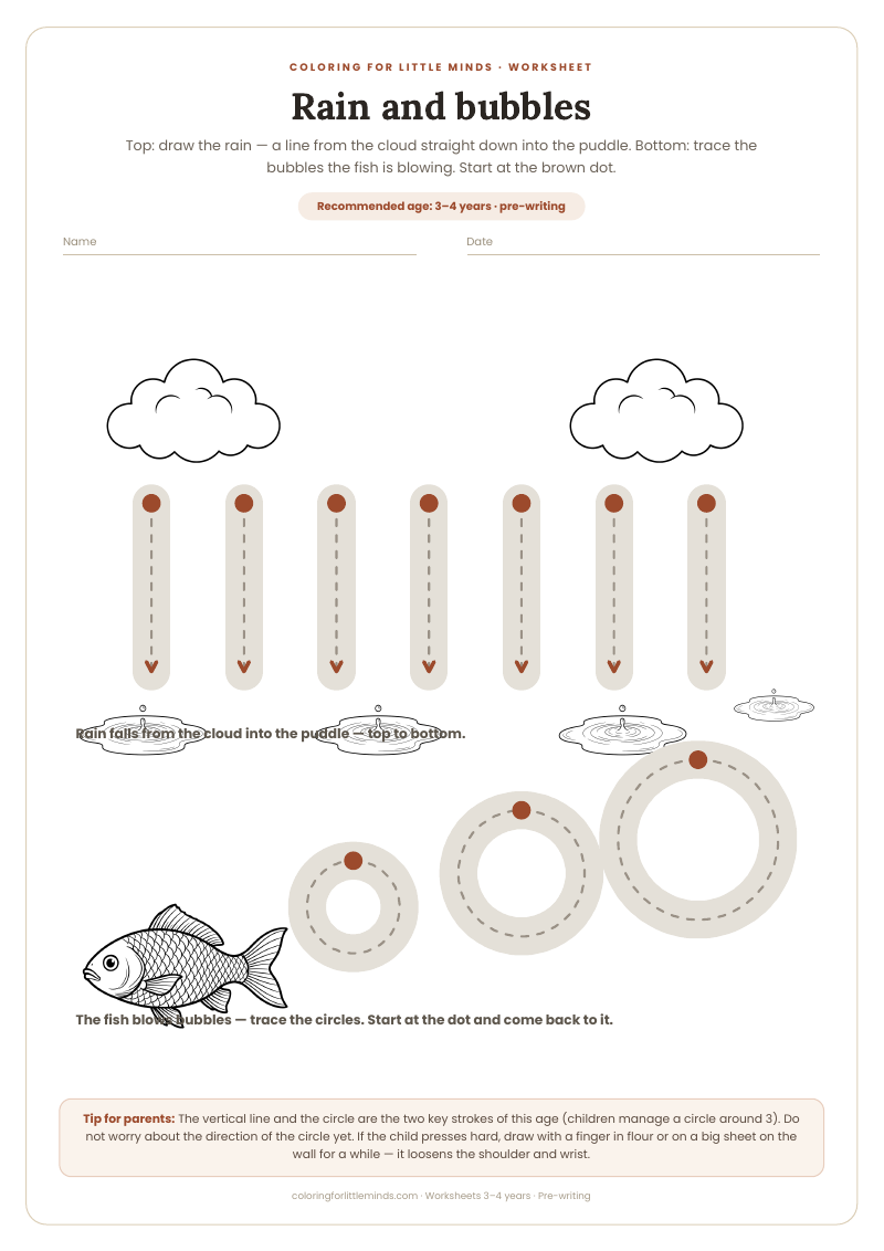 Rain and bubbles – worksheet for ages 3–4, preview