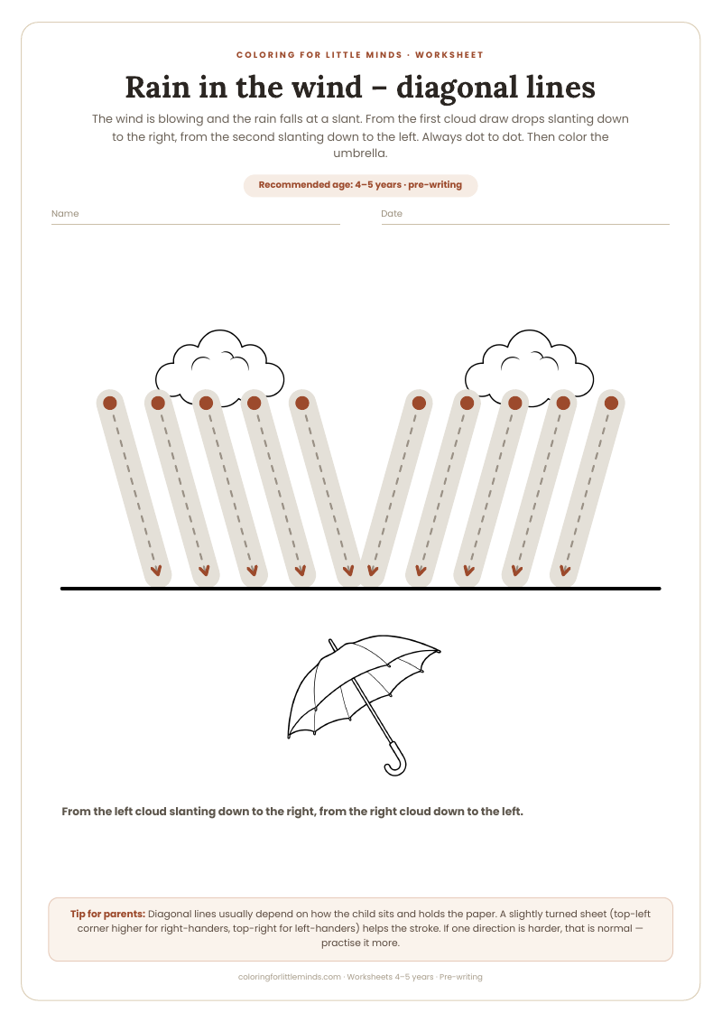 Rain in the wind – diagonal lines – worksheet for ages 4–5, preview
