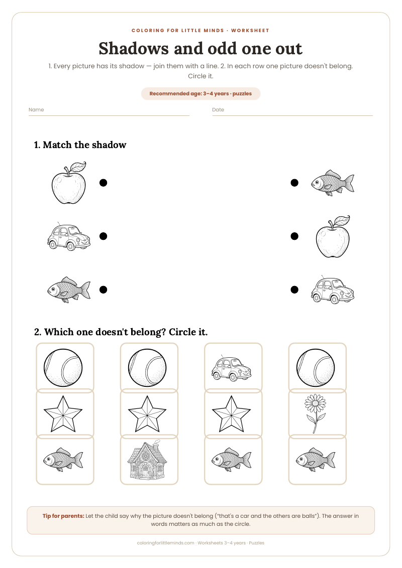 Shadows and odd one out – worksheet for ages 3–4, preview