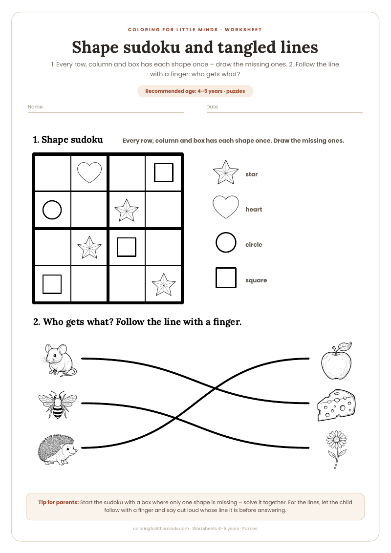 Shape sudoku and tangled lines – worksheet for ages 4–5, preview