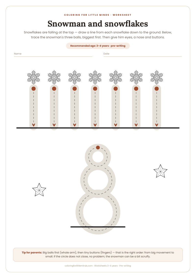 Snowman and snowflakes – worksheet for ages 3–4, preview