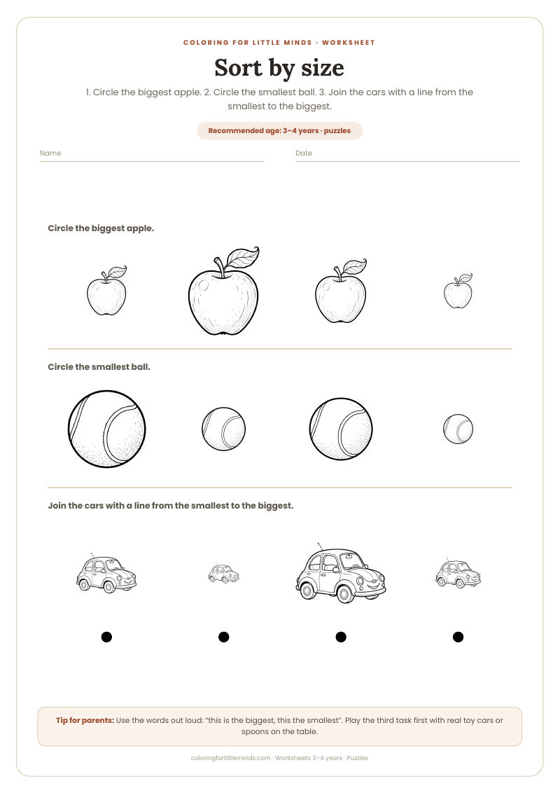 Sort by size – worksheet for ages 3–4, preview