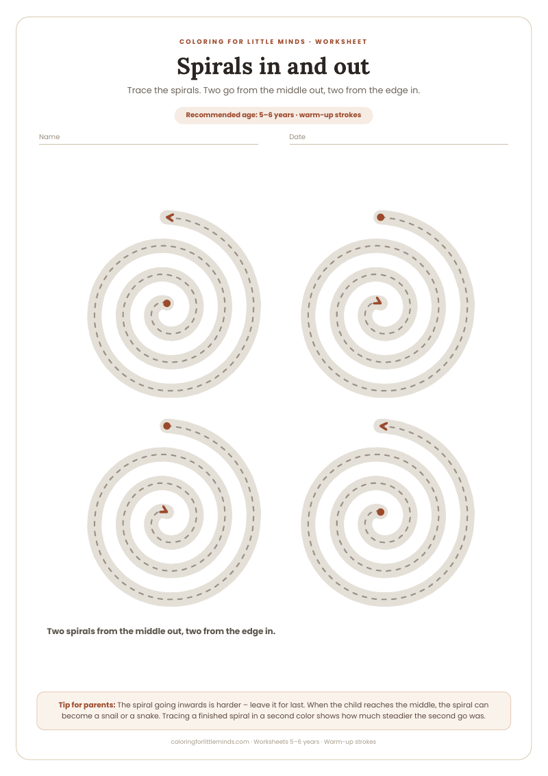 Spirals in and out – worksheet for ages 5–6, preview