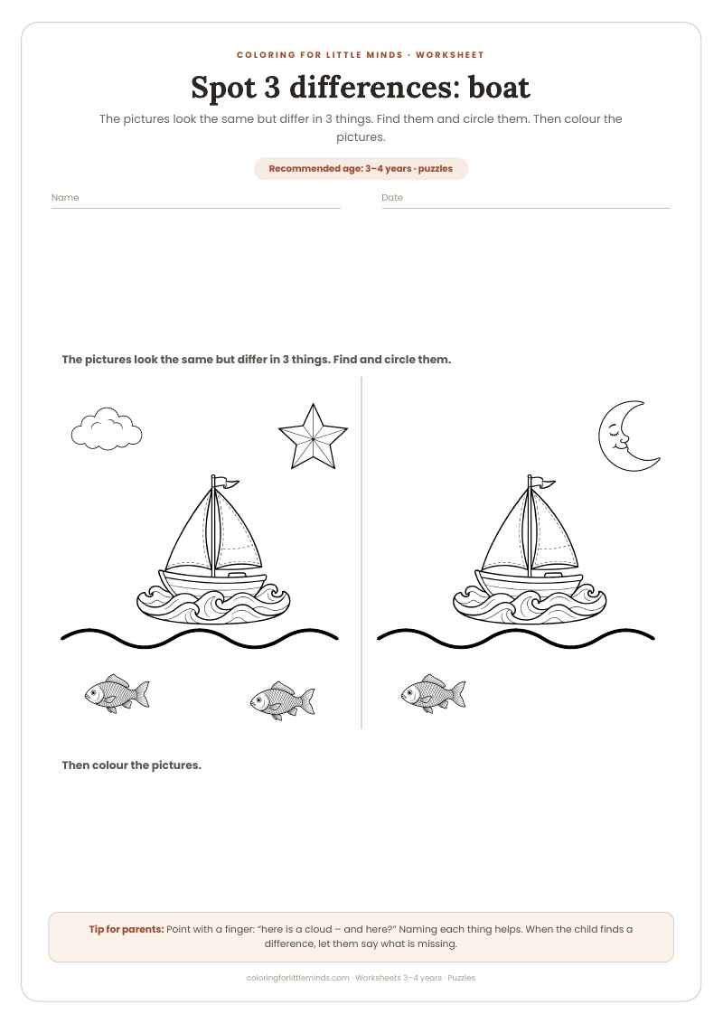 Spot 3 differences: boat – worksheet for ages 3–4, preview