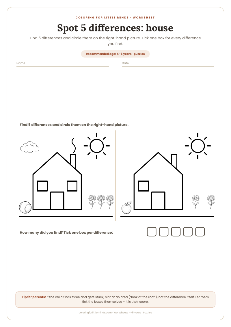 Spot 5 differences: house – worksheet for ages 4–5, preview