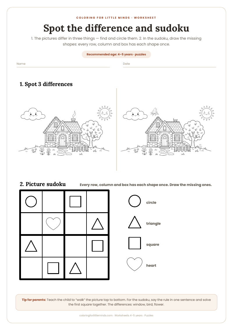 Spot the difference and sudoku – worksheet for ages 4–5, preview