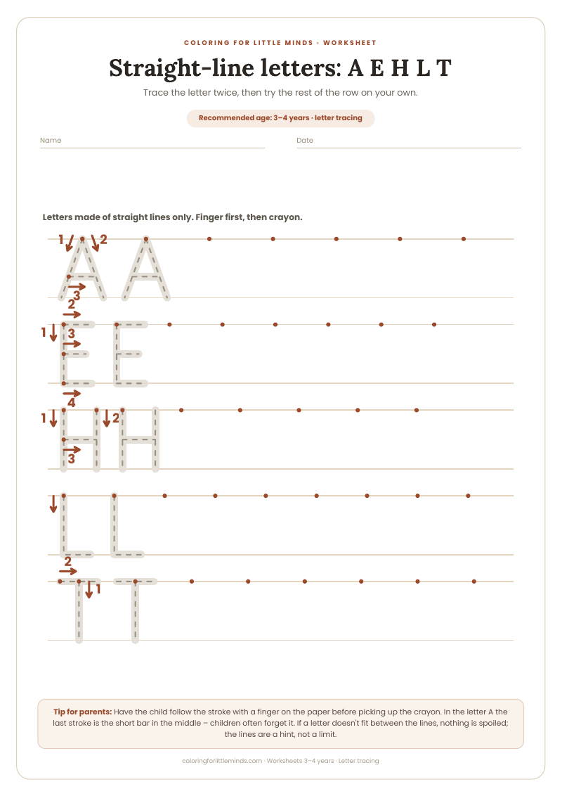 Straight-line letters: A E H L T – worksheet for ages 3–4, preview