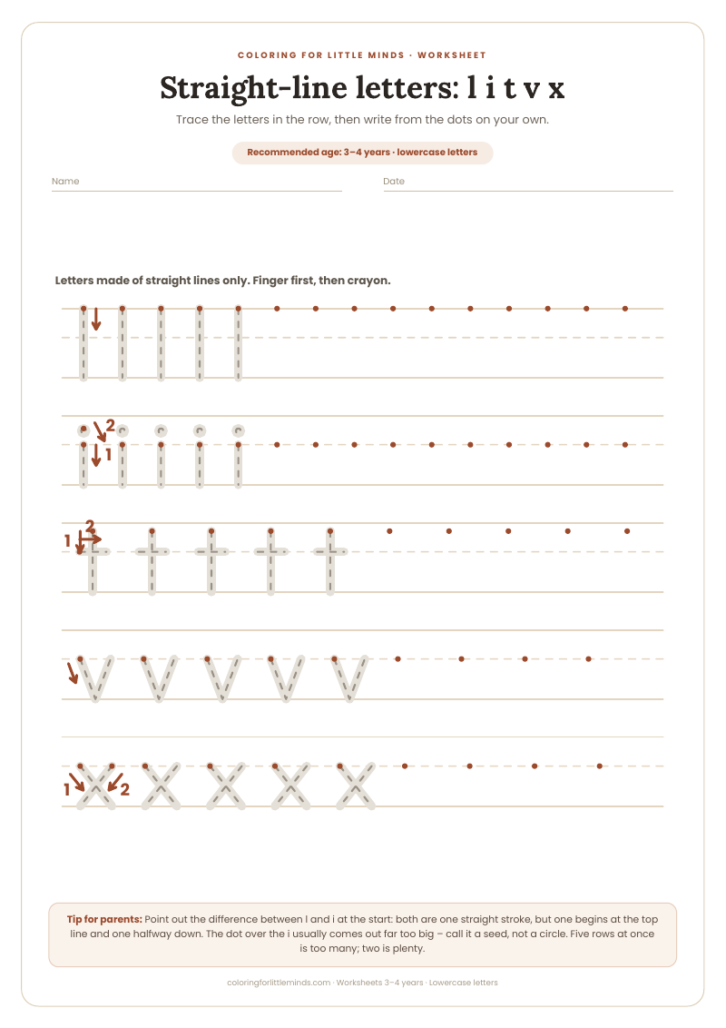 Straight-line letters: l i t v x – worksheet for ages 3–4, preview