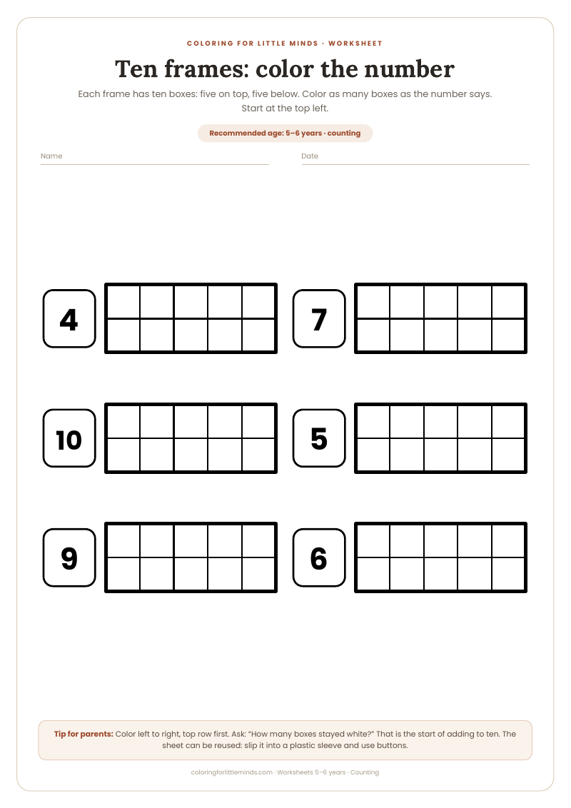 Ten frames: color the number – worksheet for ages 5–6, preview