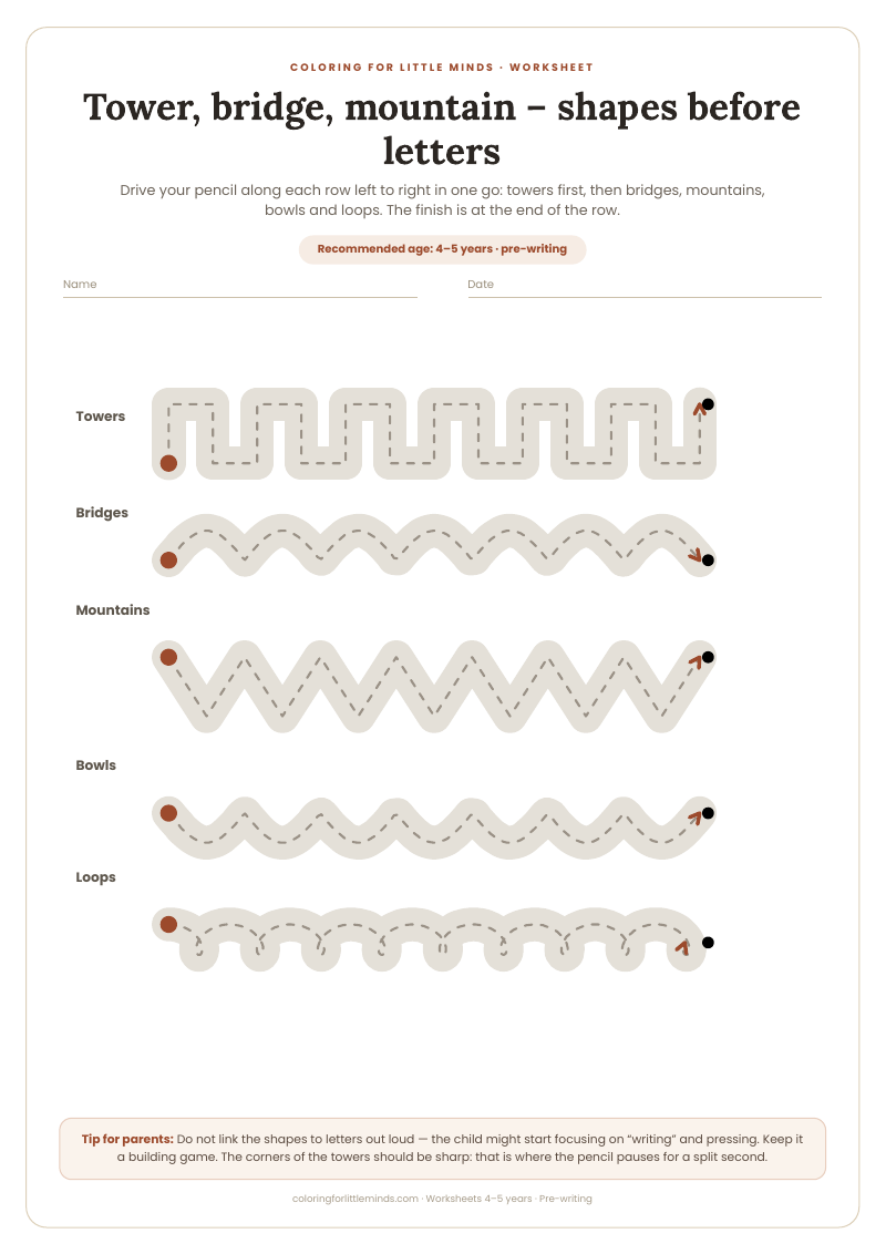 Tower, bridge, mountain – shapes before letters – worksheet for ages 4–5, preview