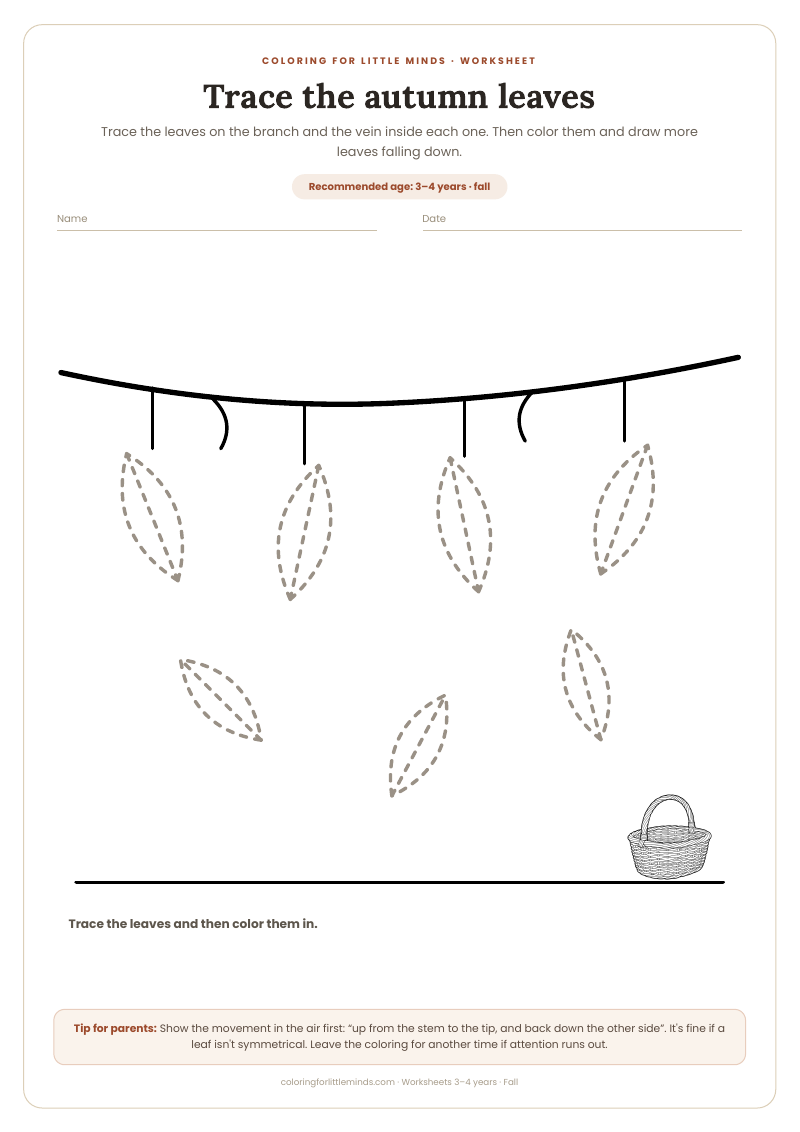 Trace the autumn leaves – worksheet for ages 3–4, preview