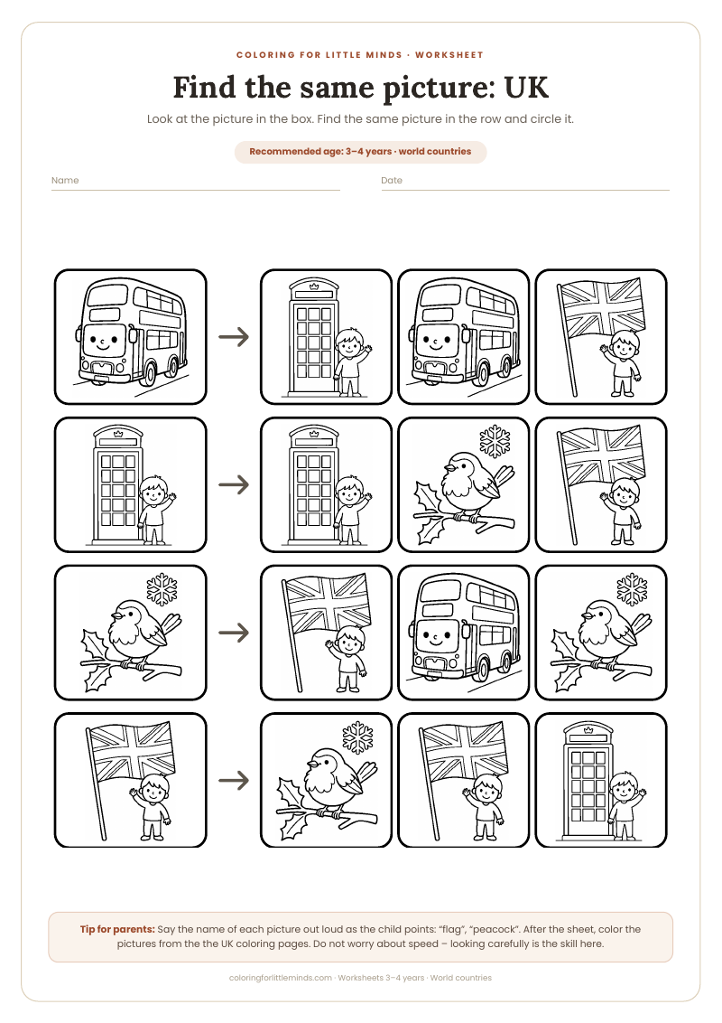 Find the same picture: UK – worksheet for ages 3–4, preview