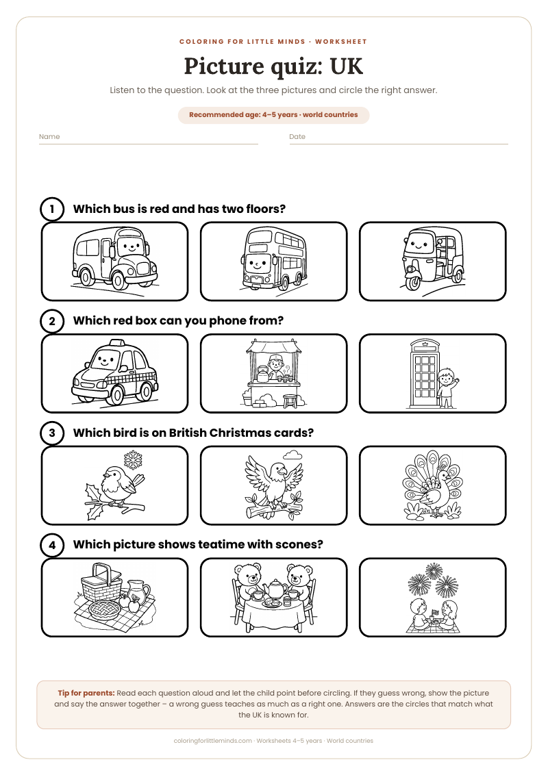 Picture quiz: UK – worksheet for ages 4–5, preview