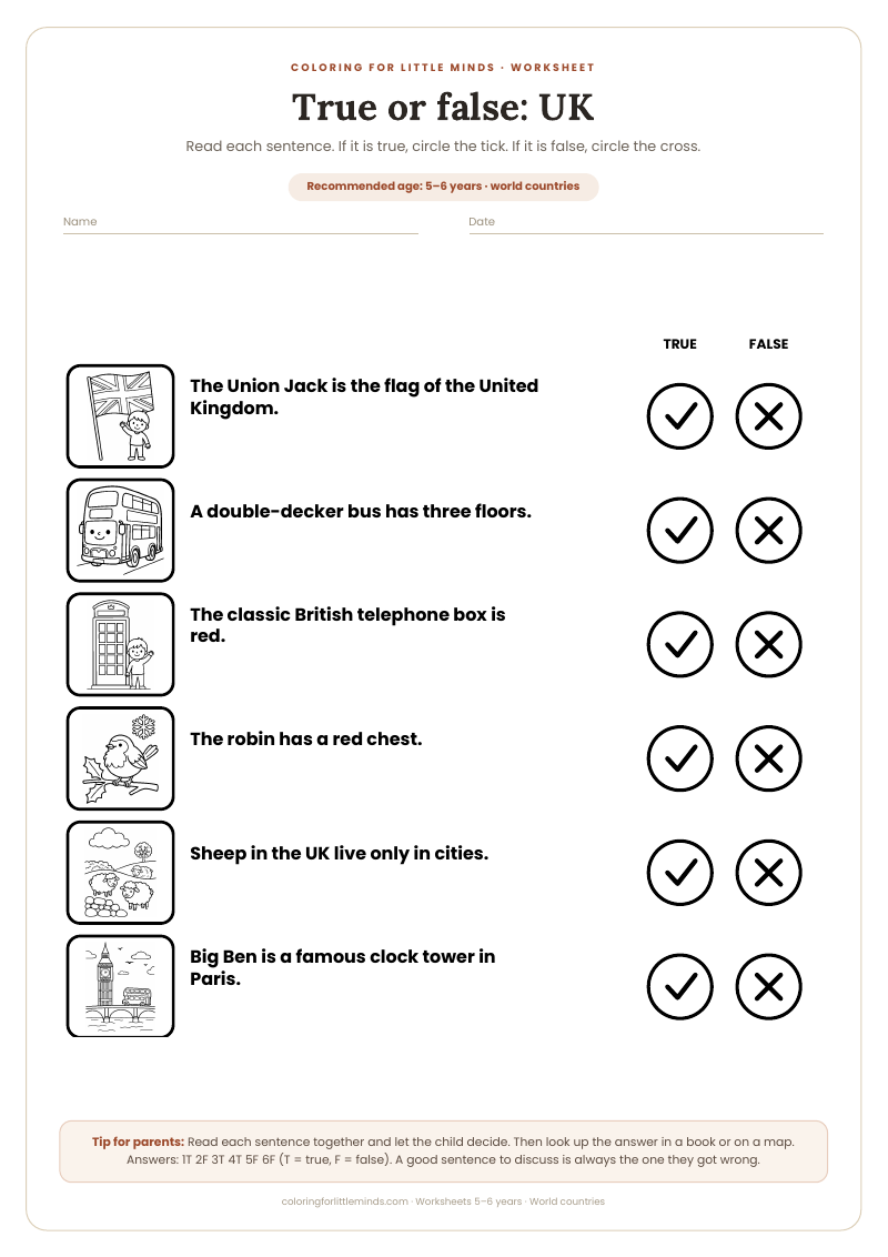 True or false: UK – worksheet for ages 5–6, preview
