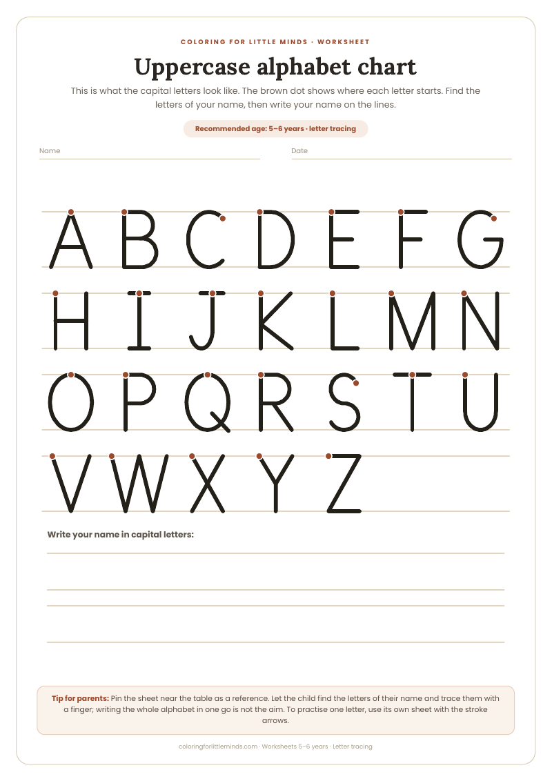 Uppercase alphabet chart – worksheet for ages 5–6, preview