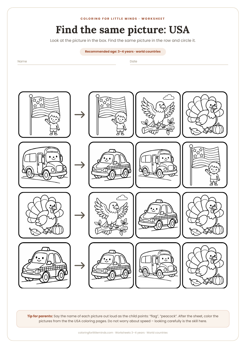 Find the same picture: USA – worksheet for ages 3–4, preview