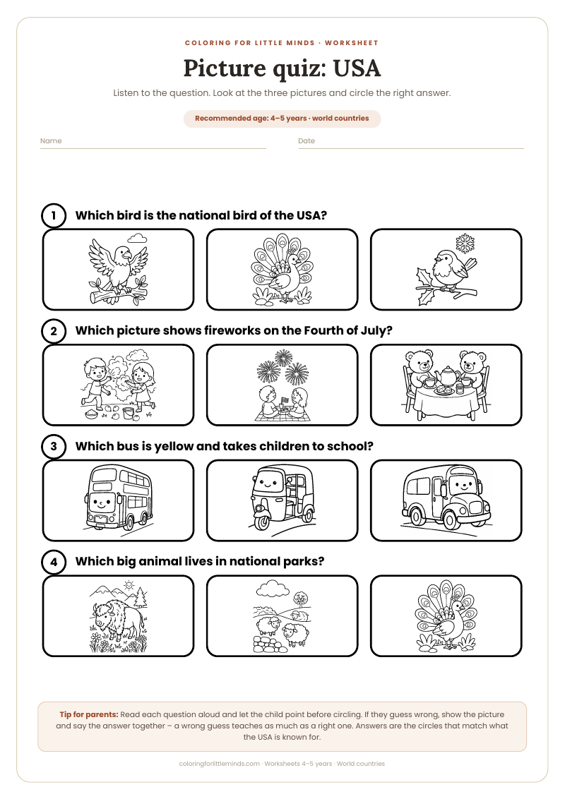 Picture quiz: USA – worksheet for ages 4–5, preview