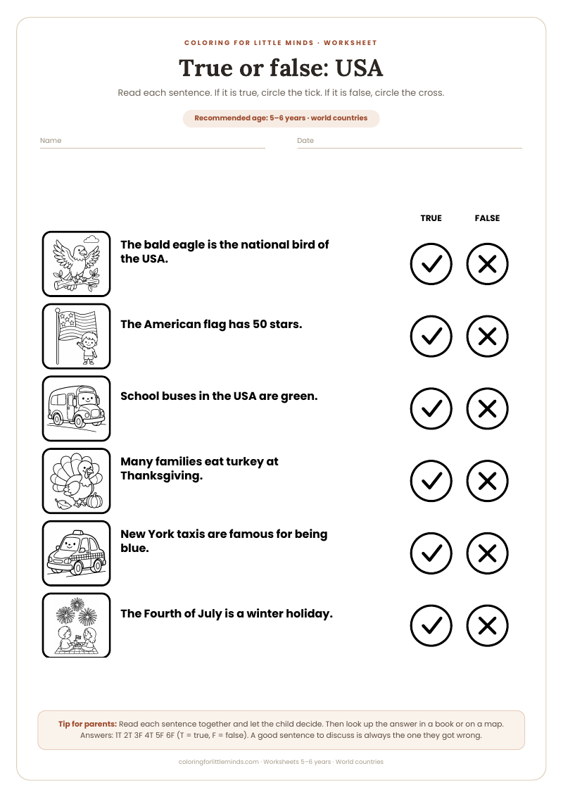 True or false: USA – worksheet for ages 5–6, preview