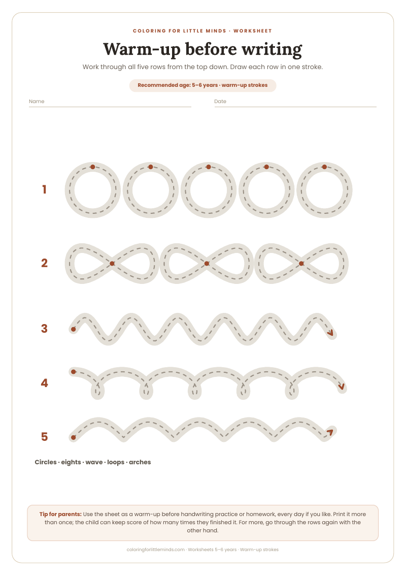 Warm-up before writing – worksheet for ages 5–6, preview