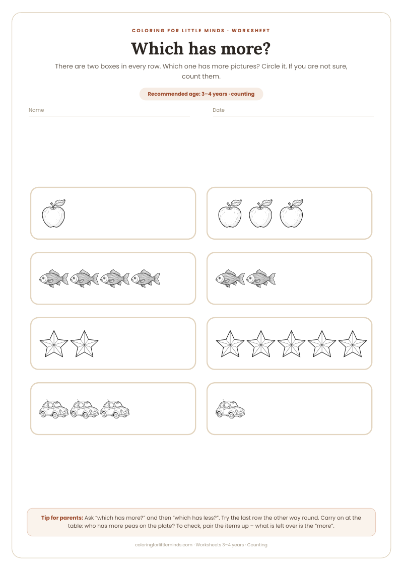 Which has more? – worksheet for ages 3–4, preview