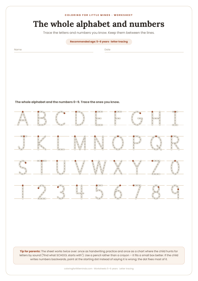 The whole alphabet and numbers – worksheet for ages 5–6, preview
