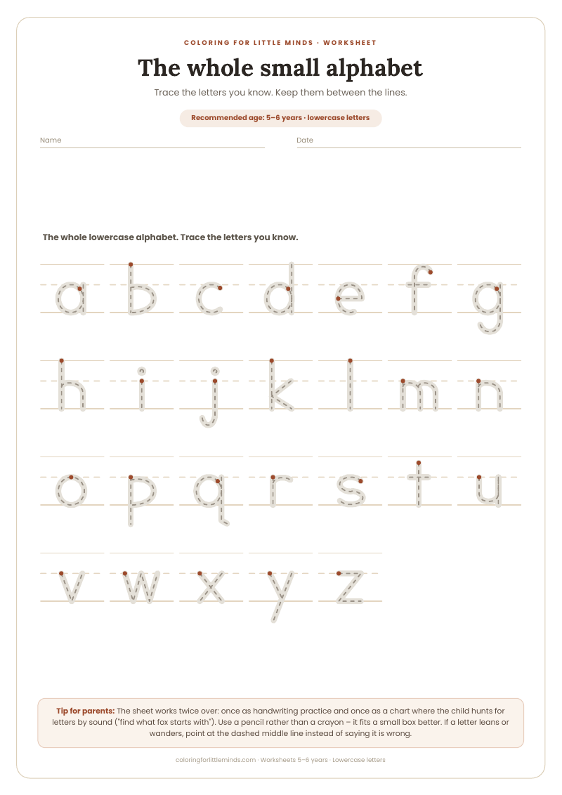 The whole small alphabet – worksheet for ages 5–6, preview