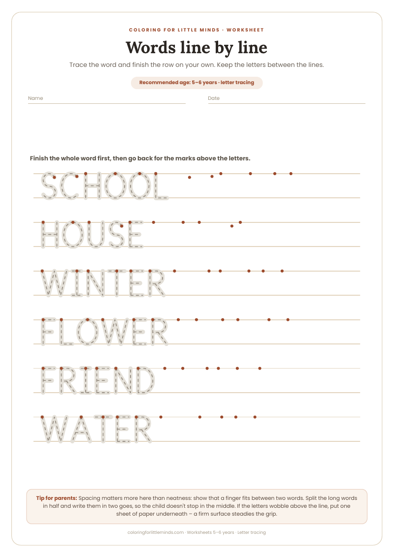 Words line by line – worksheet for ages 5–6, preview