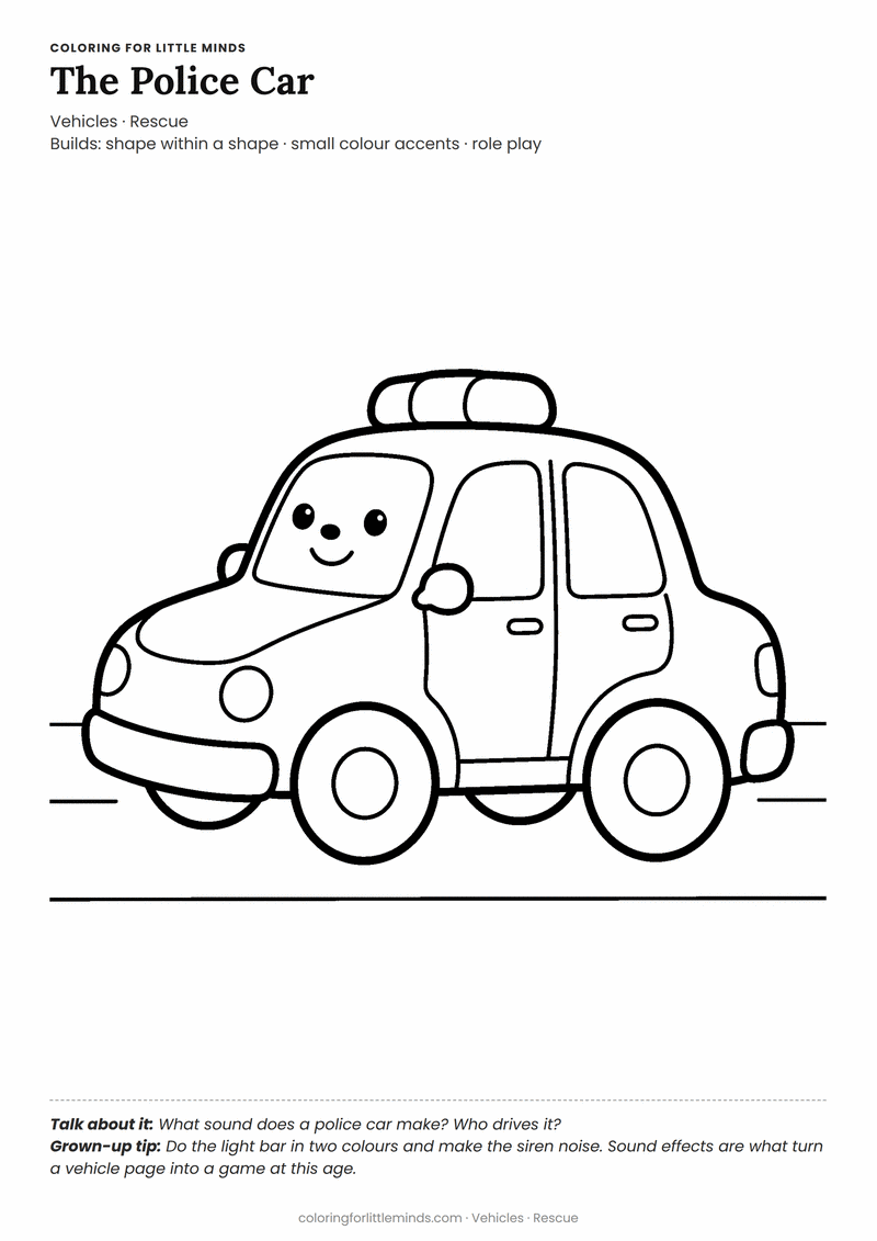 Police car coloring page for ages 3–4 — free printable preview