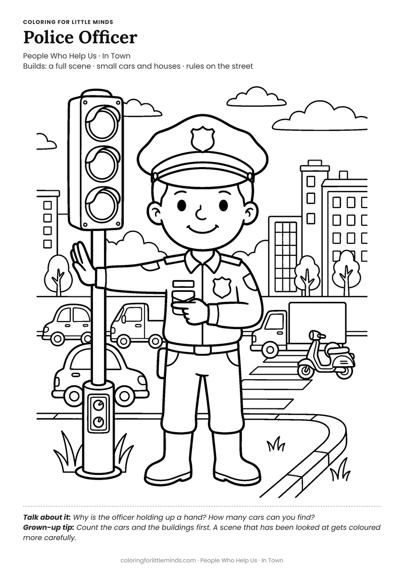 Police officer coloring page for ages 5–6 — free full-size printable PDF