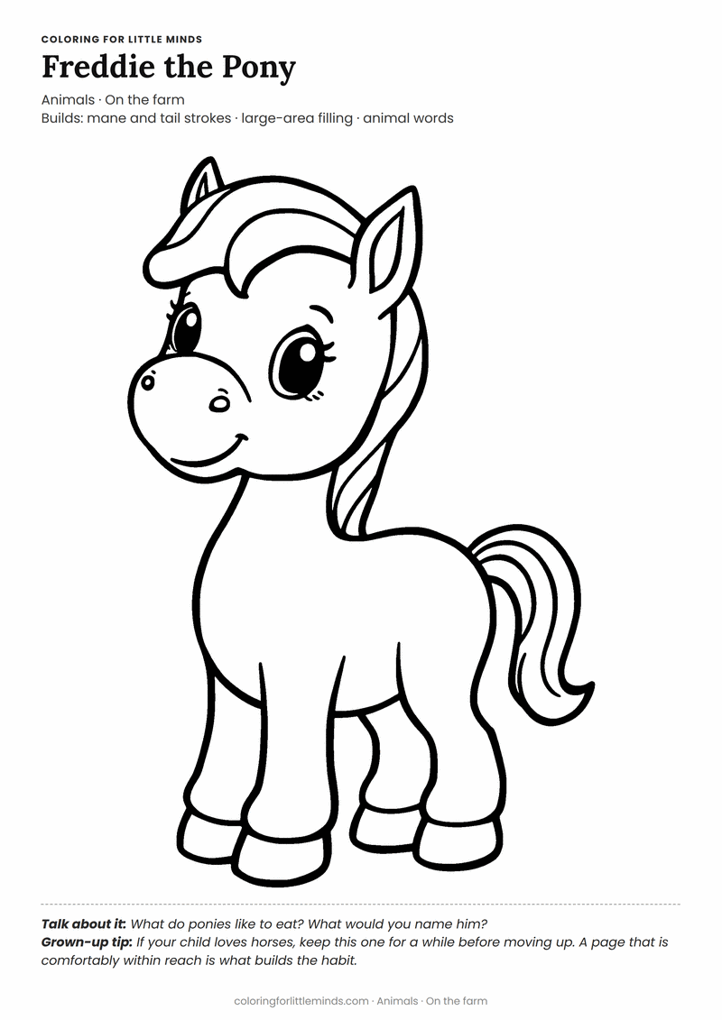 Pony coloring page for ages 3–4 — free printable preview