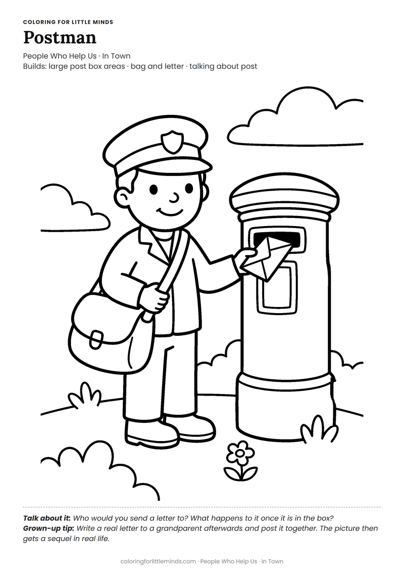 Postman coloring page for ages 4–5 — free full-size printable PDF