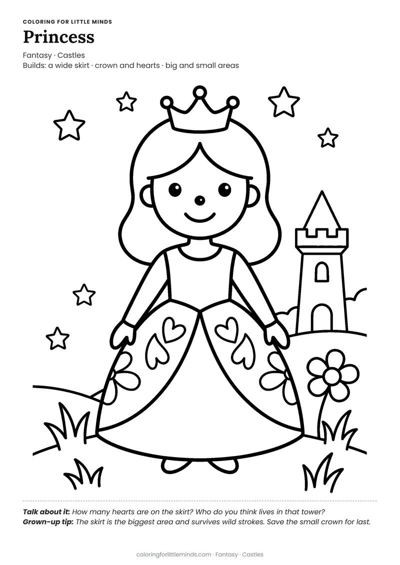 Princess coloring page for ages 4–5 — free full-size printable PDF